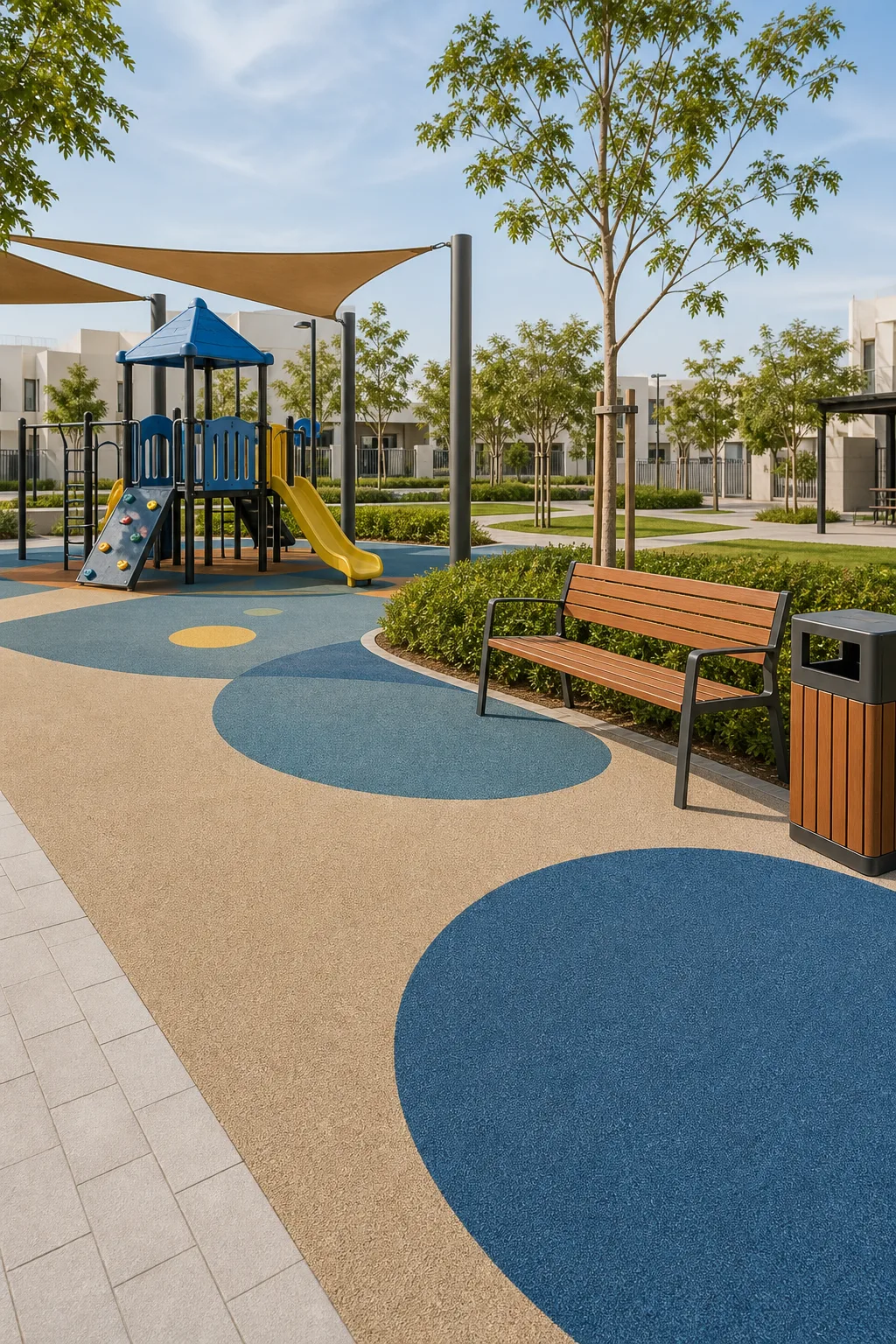 Outdoor Amenities, kids play equipment, bins, and benches